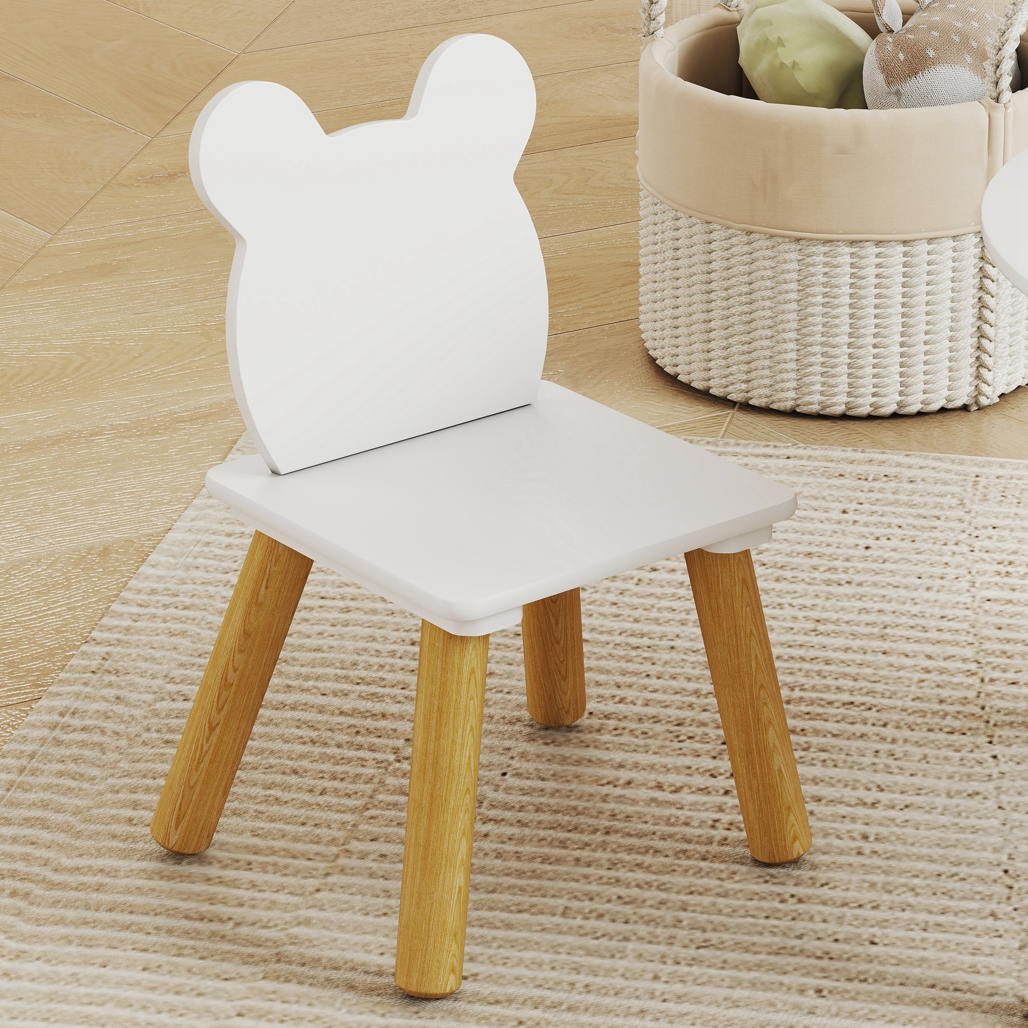 Ensemble table chaises enfant design ourson scandinave - rangement table intégré - blanc aspect bois