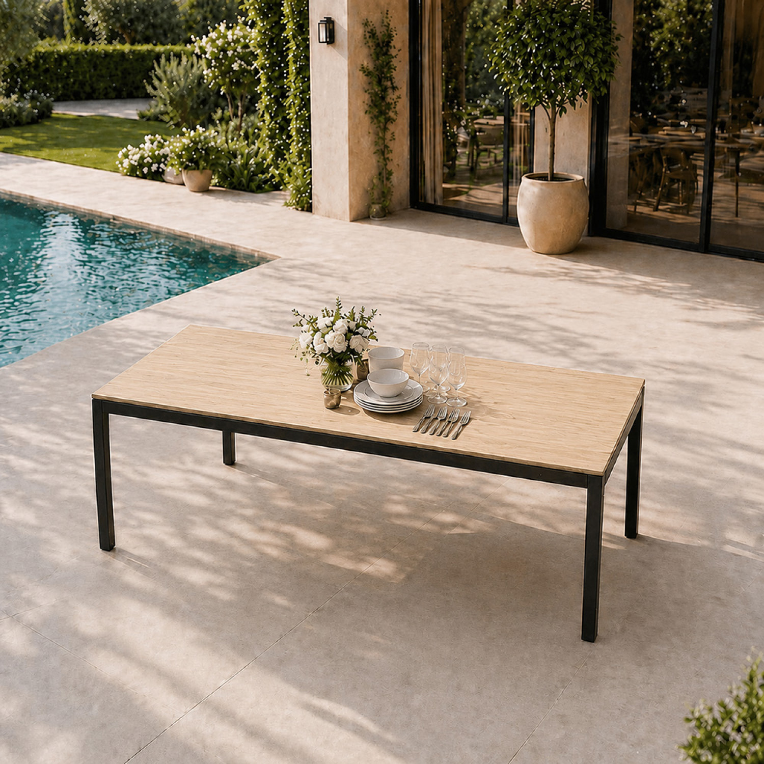 Table de jardin 190cm 8 personnes avec plateau en verre trempé effet bois NEWSTEAD