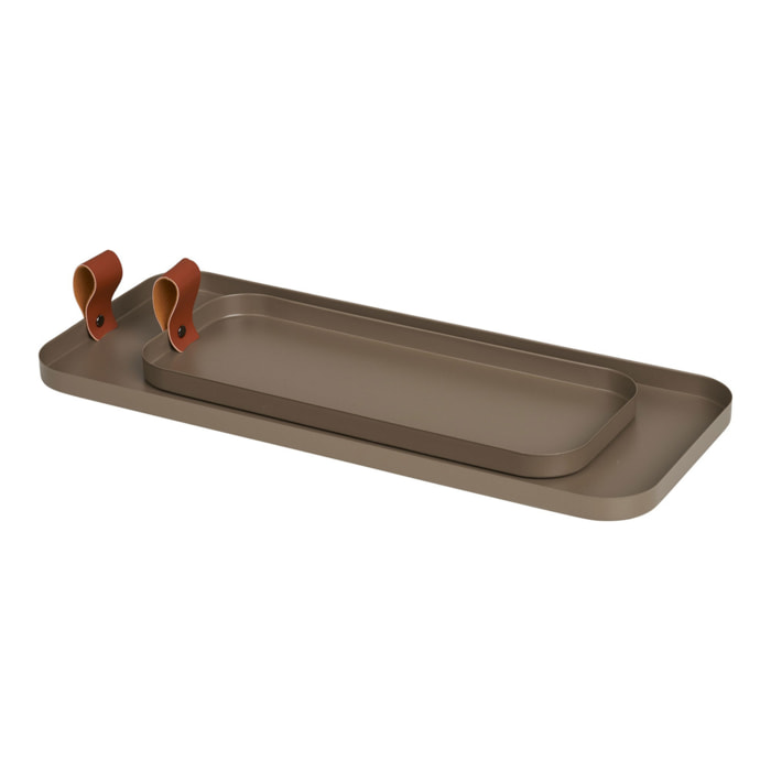 Set 2 vassoi rettangolari in acciaio marrone con manico in pelle — Vikasa Home