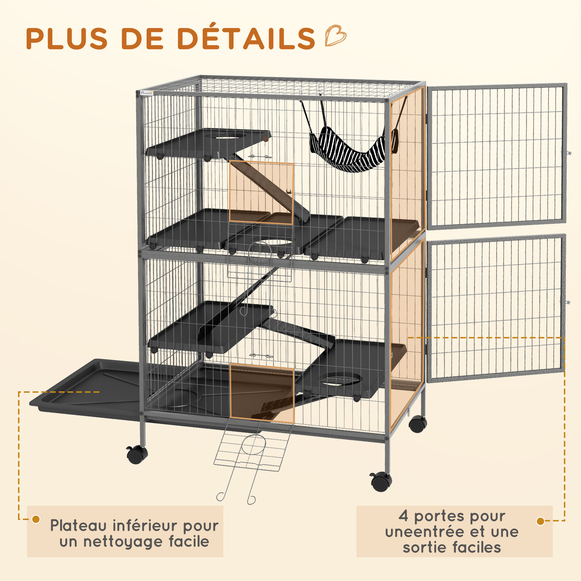 Cage pour rongeurs furet chinchilla 4 plateformes 3 rampes 4 portes hamac plateau acier gris noir