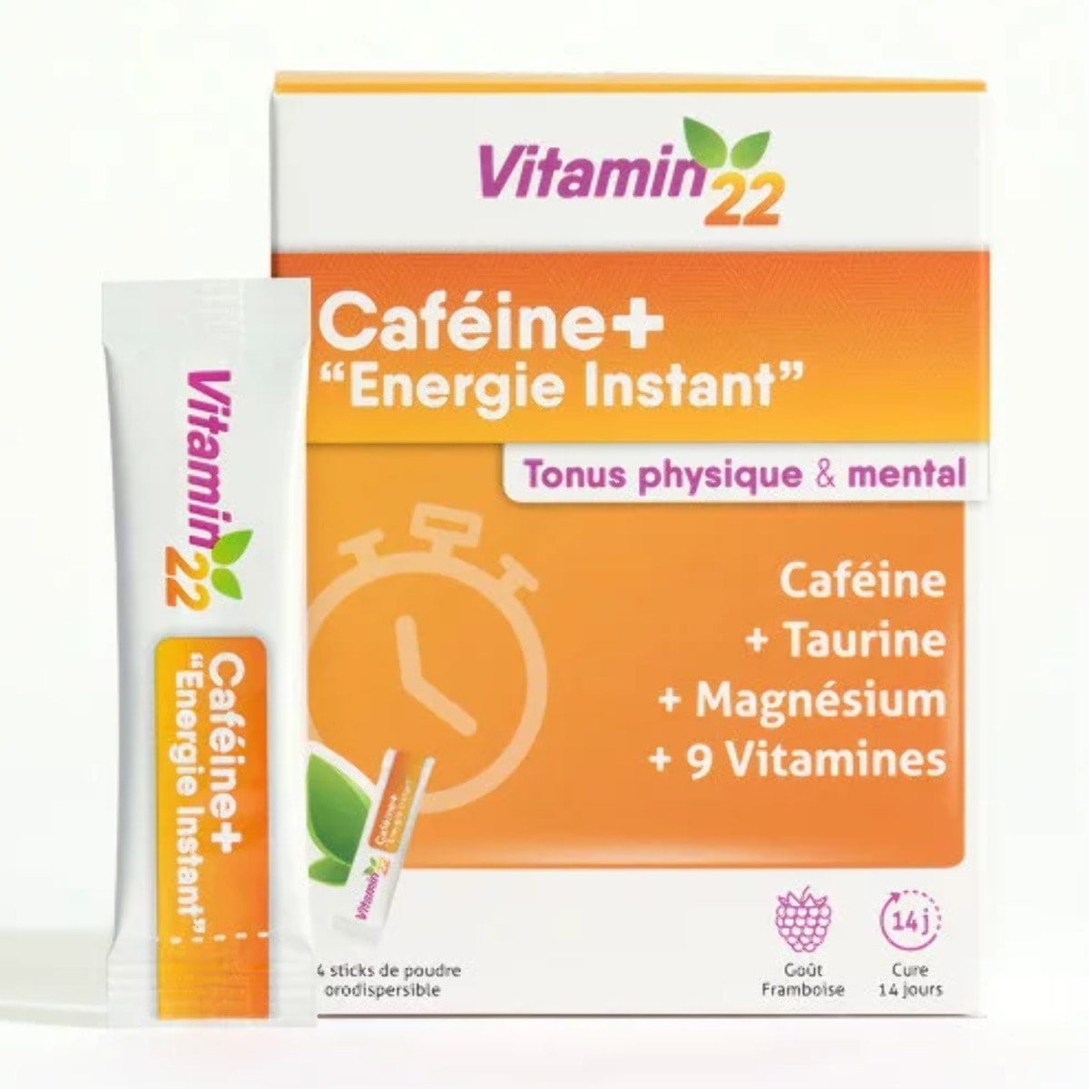 VITAMIN'22 - Caféine+ - Énergie et vitalité quotidienne - Améliore la concentration - 9 Vitamines, Magnésium, Caféine et Taurine - Sans Gluten - Cure de 7 à 14 Jours - 14 Sticks