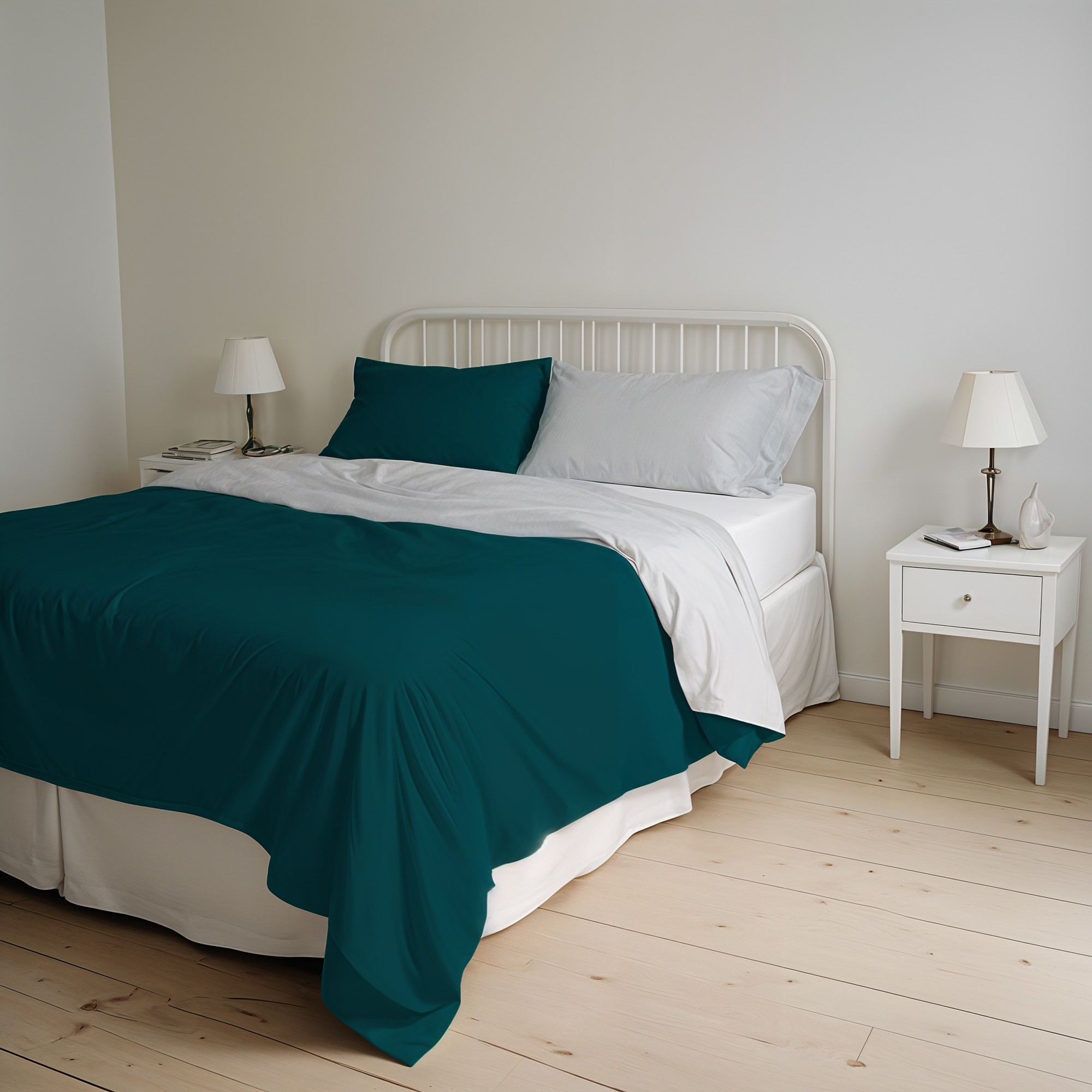PARURE COPRIPIUMINO NATURAL COLOR, 100% Cotone, Made in Italy - VERDE PETROLIO/GRIGIO CHIARO