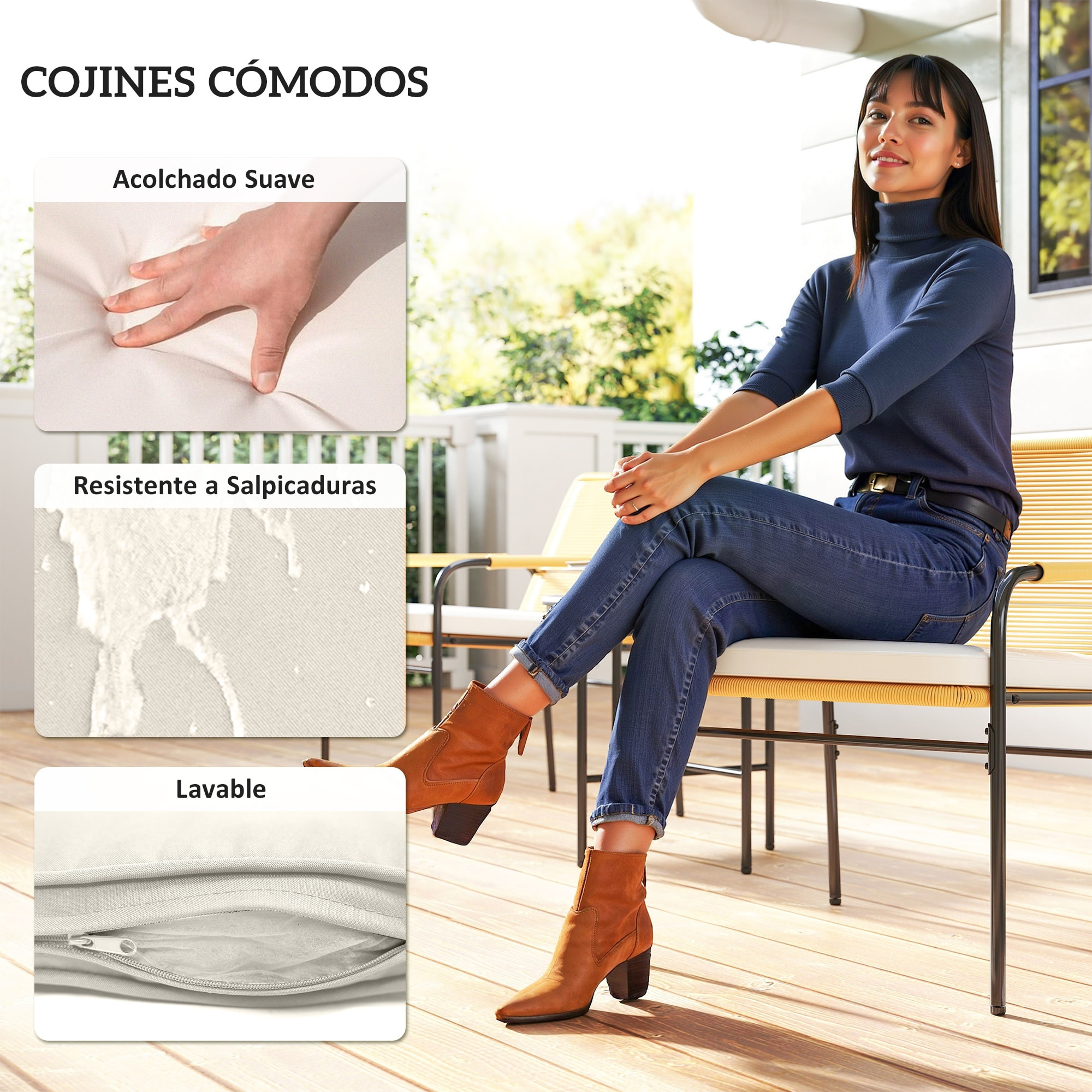 Conjunto de Jardín Exterior de 3 Piezas Muebles de Jardín con 2 Sillas con Cojines Extraíbles Lavables y Mesa de Terraza con Tablero de Metal Resistente para Balcón Patio Natural y Crema