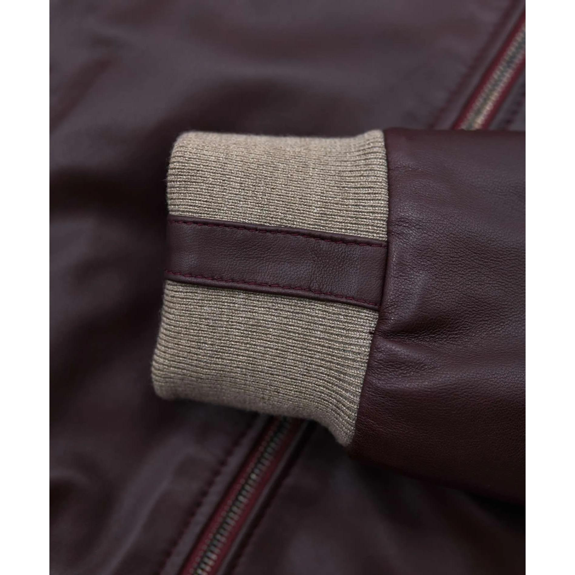 Giubbotto bomber in pelle naturale bordeaux lana a contrasto beige