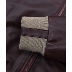 Giubbotto bomber in pelle naturale bordeaux lana a contrasto beige