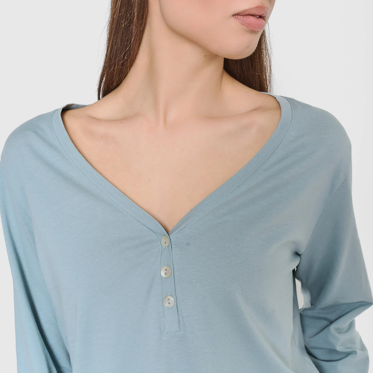 Pigiama lungo in cotone con scollo a v, eladia blu acqua