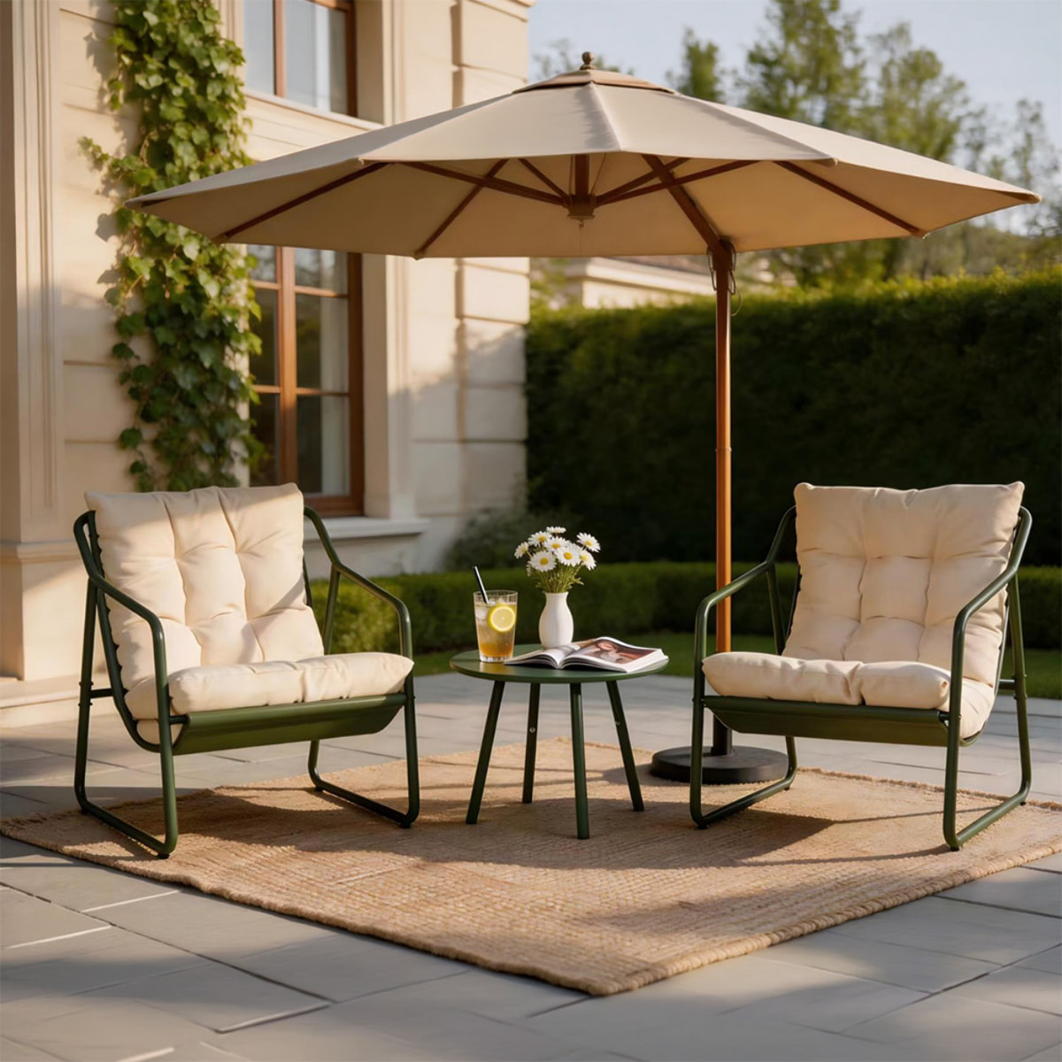 Ensemble de jardin 2 fauteuils vert kaki avec table basse ANTHI