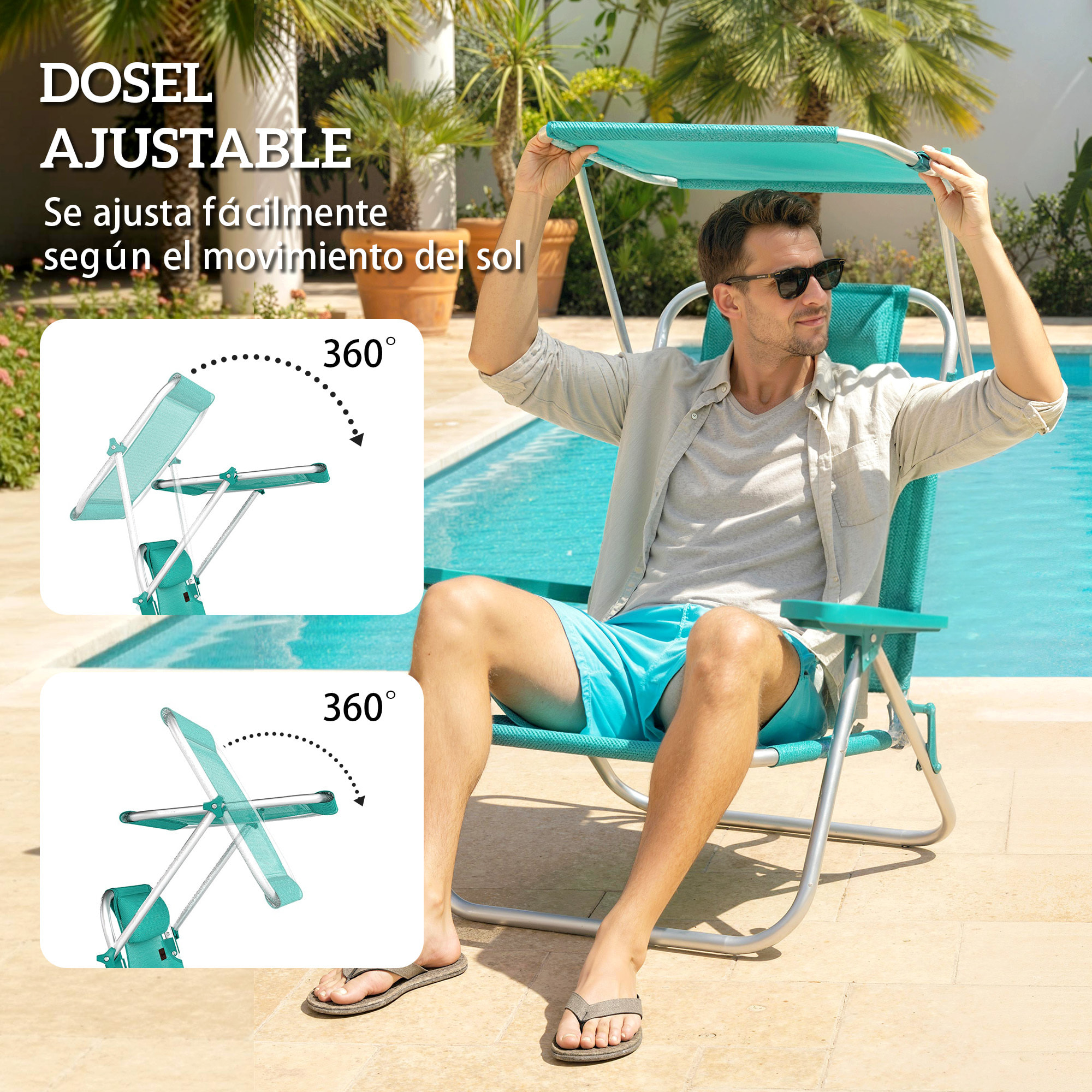 Pack de 2 Sillas de Playa Plegables con Dosel Ajustable, Respaldo Reclinable en 6 Posiciones y Reposacabezas, Sillas Bajas Portátiles con Brazos Carga 120kg para Acampada Jardín Turquesa