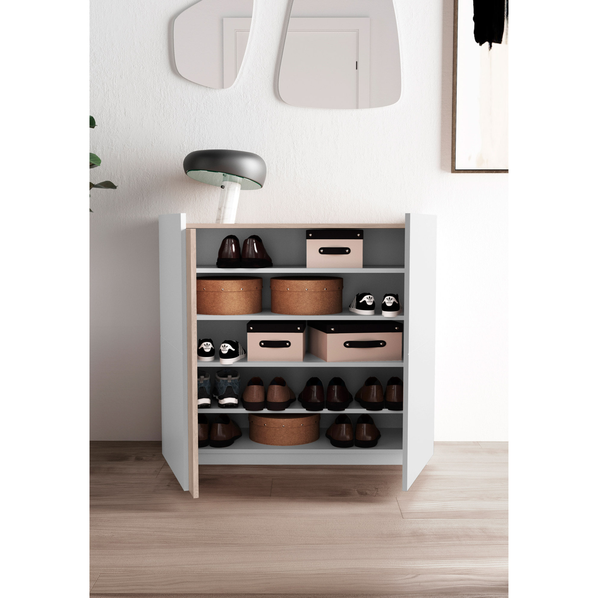 Zapatero Odda melamina blanco detalle roble claro 90x95x35 cm