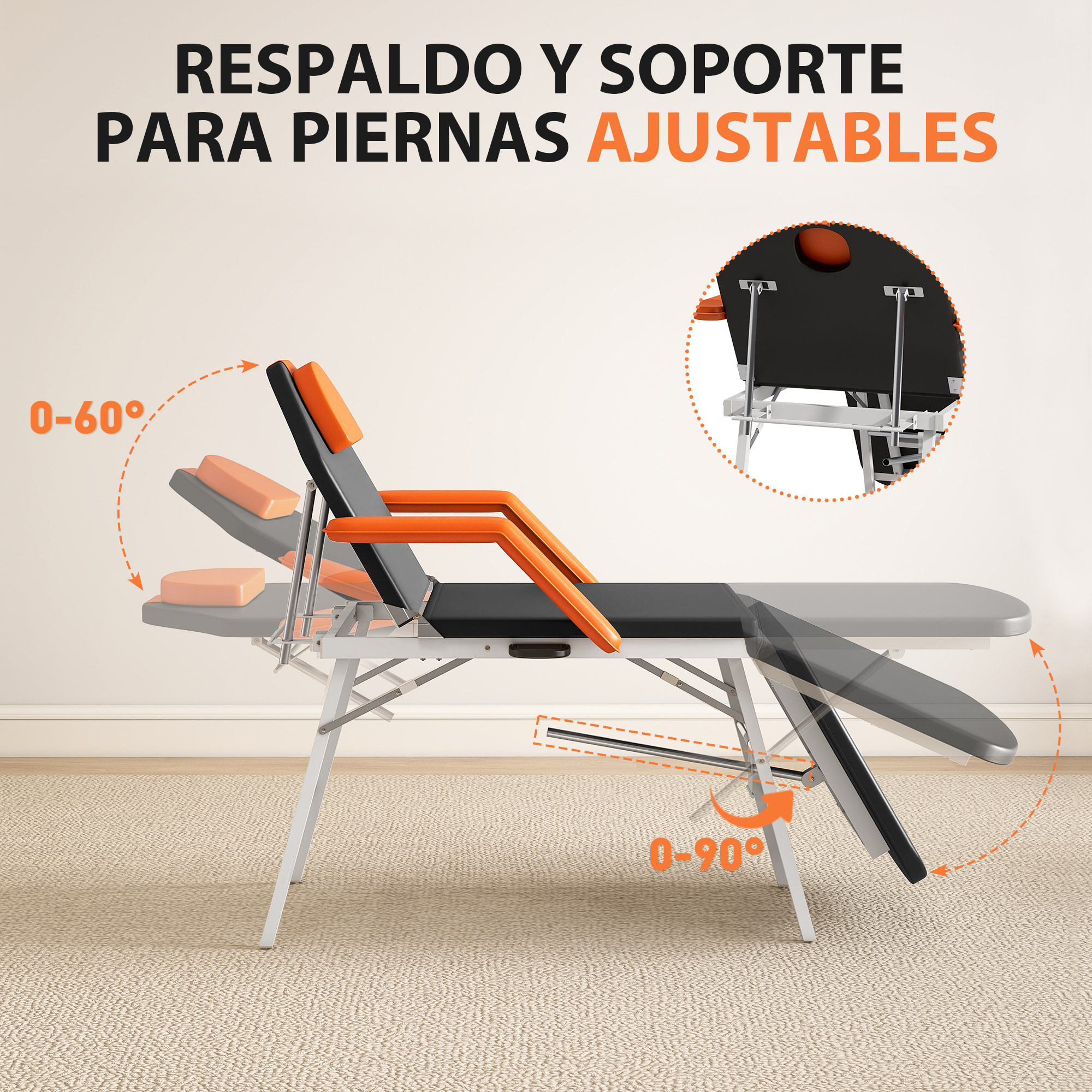 Camilla Masaje Plegable Portátil Camilla Estética Profesional de 3 Zonas con Respaldo Soporte para Piernas Ajustables Reposacabezas Extraíble Reposabrazos Acolchados para Spa 182x82 cm Naranja