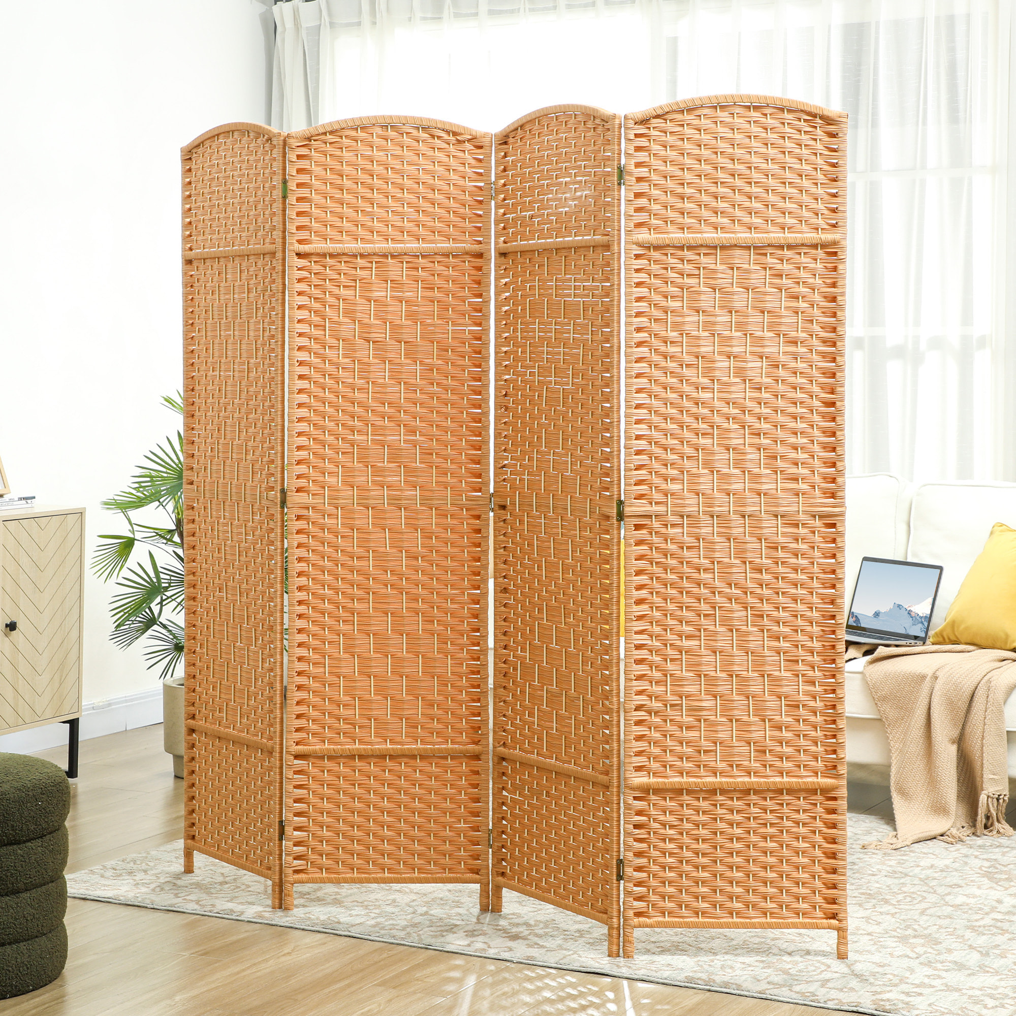 Paravent intérieur en bois 4 panneaux 180 x 180 cm séparateur de pièce pliable bois orangé