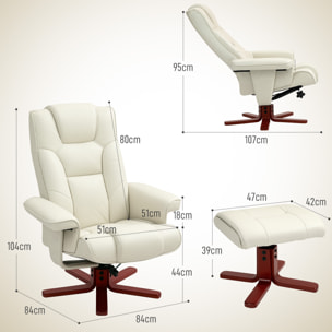Sillón Reclinable con Reposapiés Sillón de Salón con Tapizado en Tejido Tecnológico y Estructura de Madera Carga 150 kg Butaca para Dormitorio Sala de Estar Crema