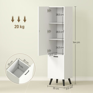 Armario de Baño Alto con Cesto Ropa Sucia Columna de Baño Estrecho con Puerta y Estantes Mueble Auxiliar para Salón Cocina 35x31,5x144 cm Blanco