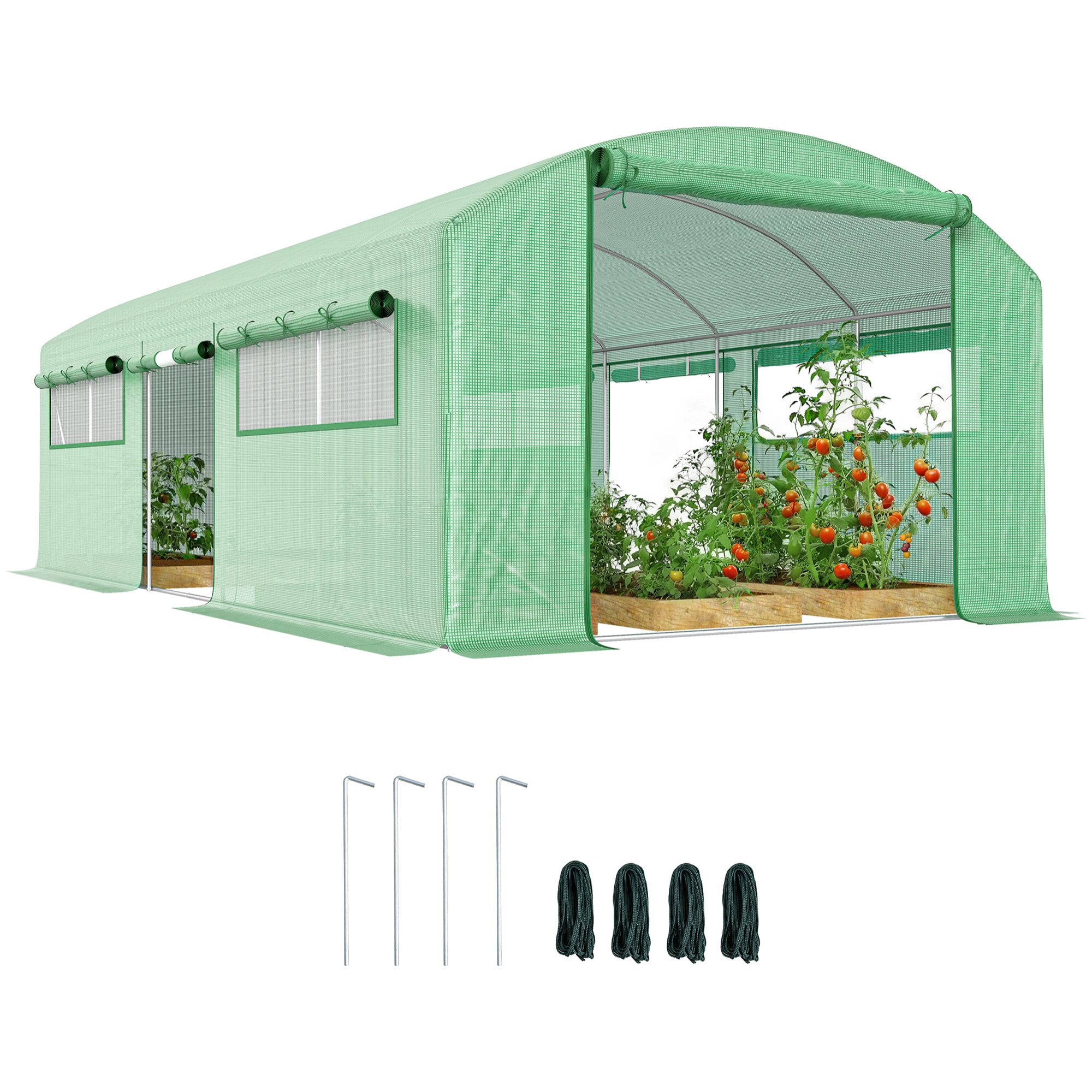 Invernadero de Exterior 6x3x2 m, Invernadero de Túnel con 3 Puertas Enrollables, Ventanas de Malla, Cubierta PE 140g/m² Anti-UV y Marco de Acero Galvanizado, para Cultivos, Plantas, Verde