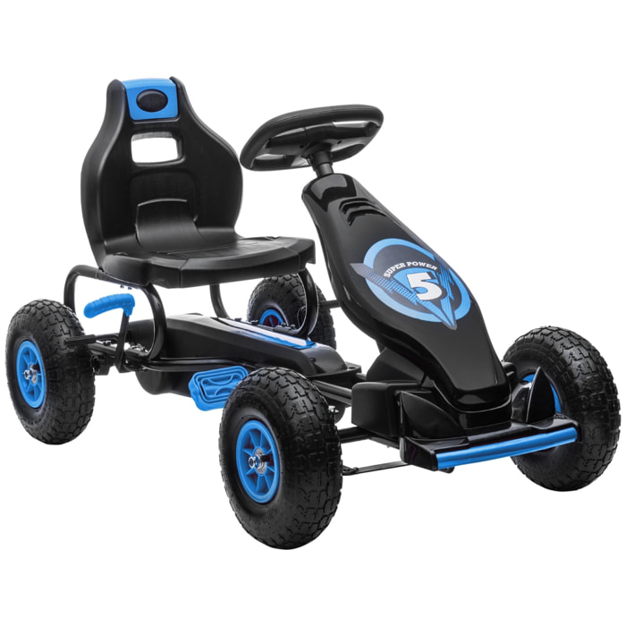 Kart à pédales enfant Go kart Formule 1 Racing Super Power 5 aileron avant pneus gonflables caoutchouc noir bleu