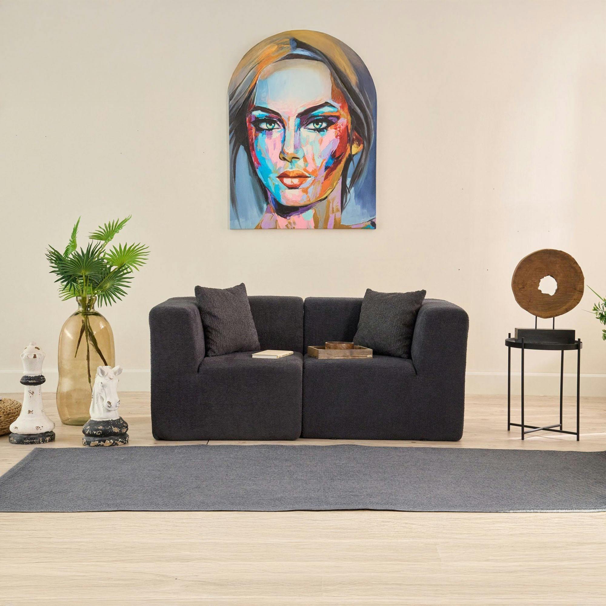 Canapé 2 places compact anthracite tissu chenille PLOVIA