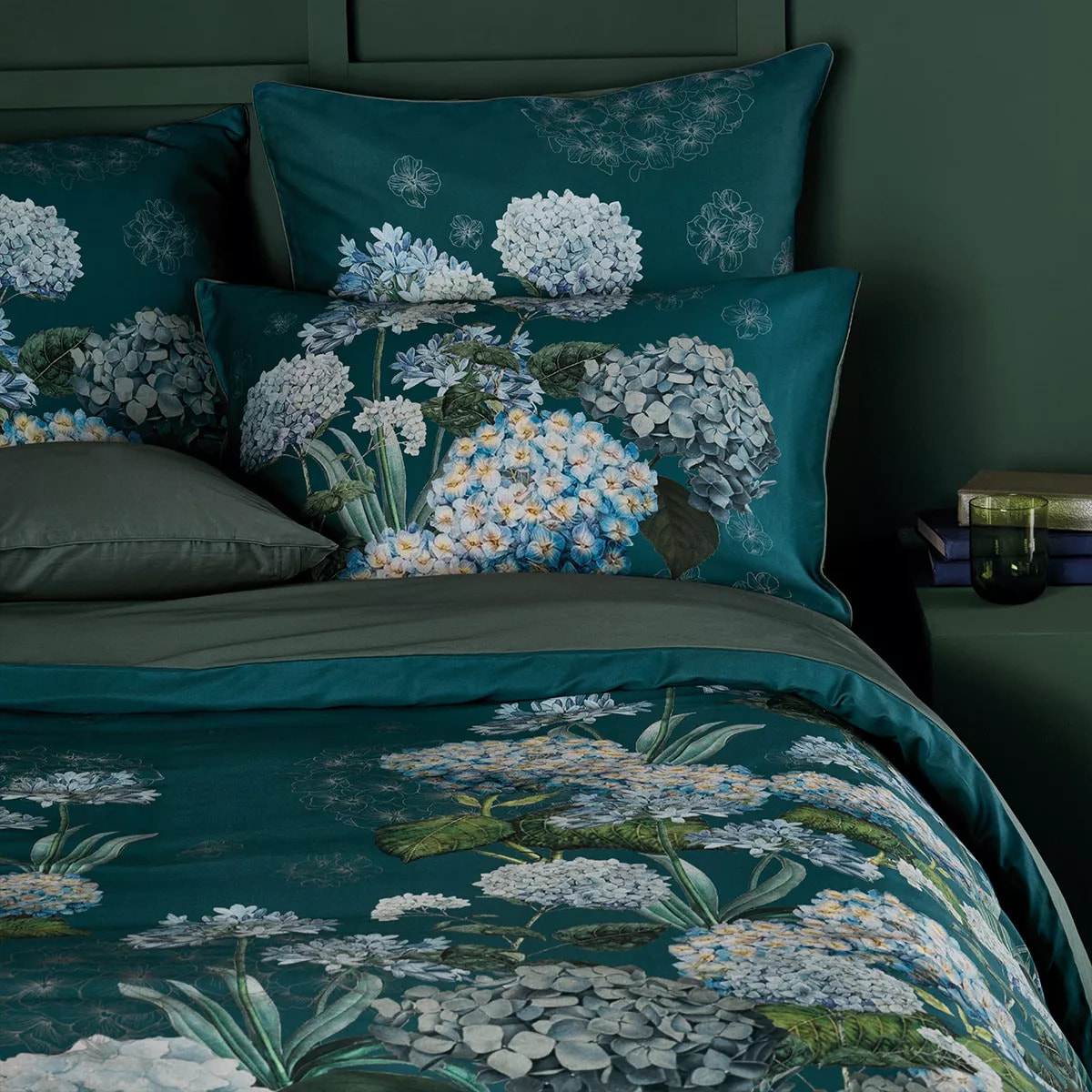 Taie d'oreiller satin de coton imprimé bleu vert Maelys satin canard