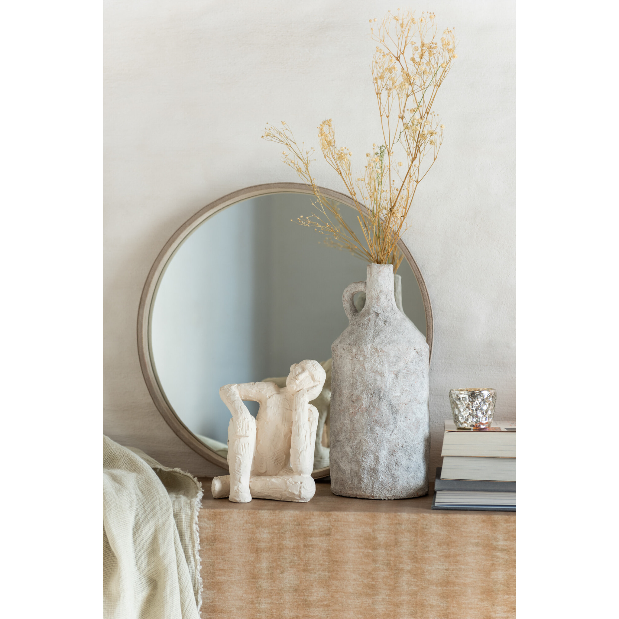 J-Line miroir Rond - cuir - beige - small - Ø 40 cm
