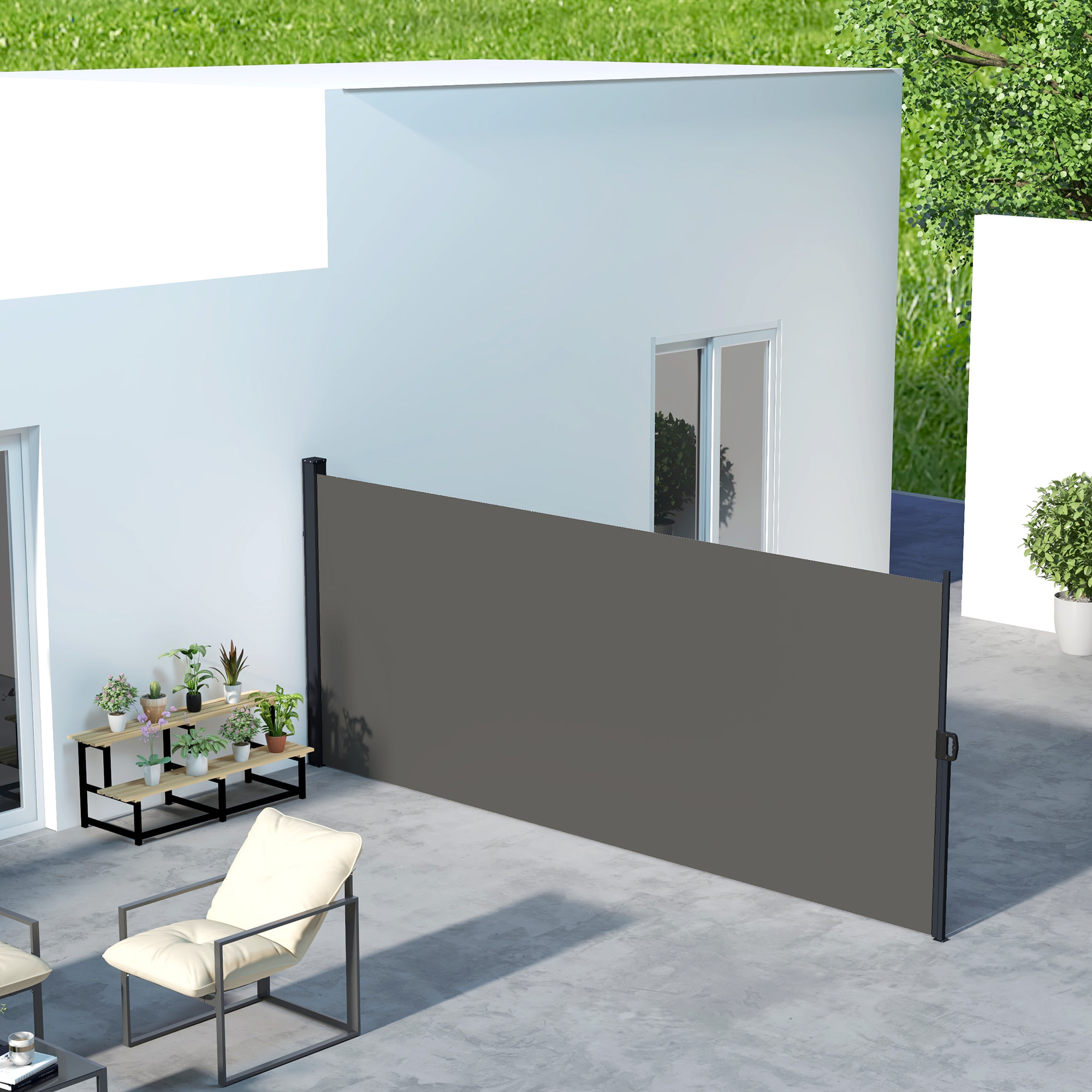 Store latéral brise-vue paravent rétractable de jardin 4L x 1,80H m alu. polyester anti-UV haute densité 180 g/m² gris foncé