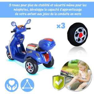 Moto scooter électrique pour enfants 6 V env. 3 Km/h 3 roues et topcase effet lumineux et sonore bleu