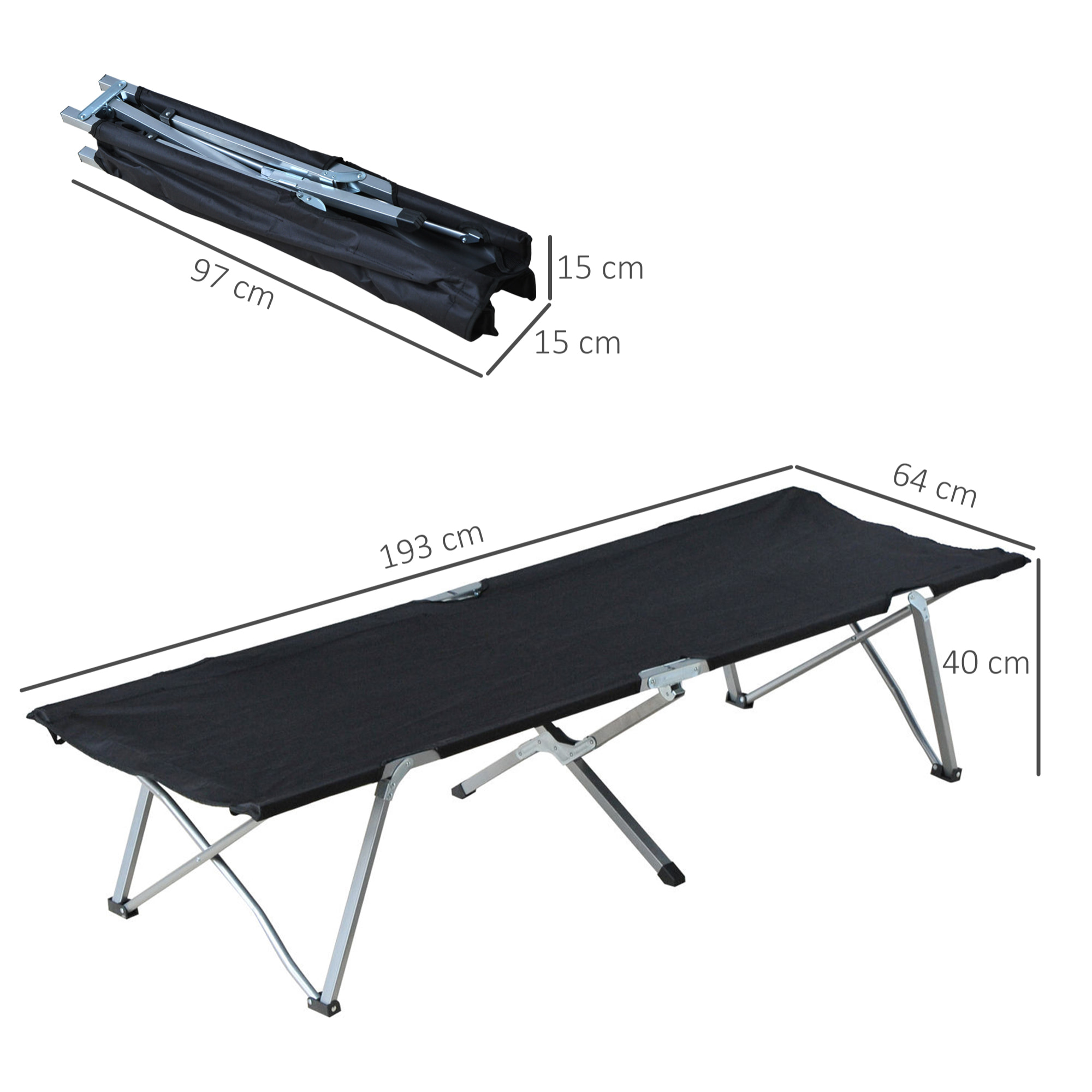 Cama de Camping Plegable Cama de Acampada con Marco Metálico Carga 136 kg para Playa Senderismo 193x64x40 cm Negro