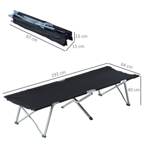 Cama de Camping Plegable Cama de Acampada con Marco Metálico Carga 136 kg para Playa Senderismo 193x64x40 cm Negro