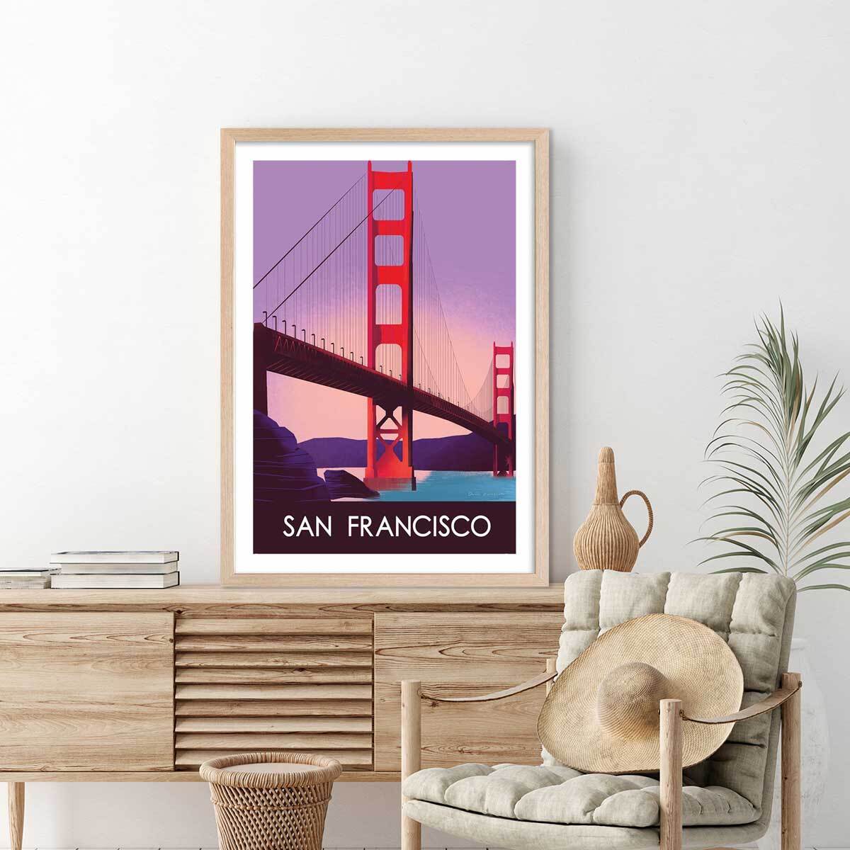 Affiche ville Le pont de San Francisco Affiche + cadre en bois - Chêne