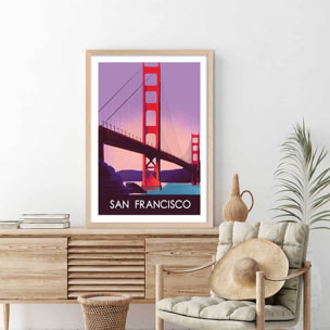 Affiche ville Le pont de San Francisco Affiche + cadre en bois - Chêne