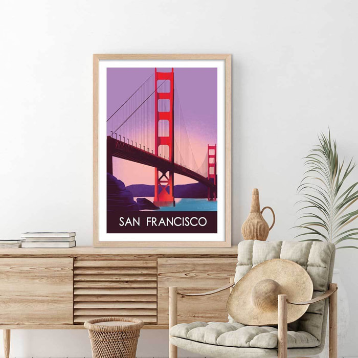Affiche ville Le pont de San Francisco Affiche + cadre en bois - Chêne