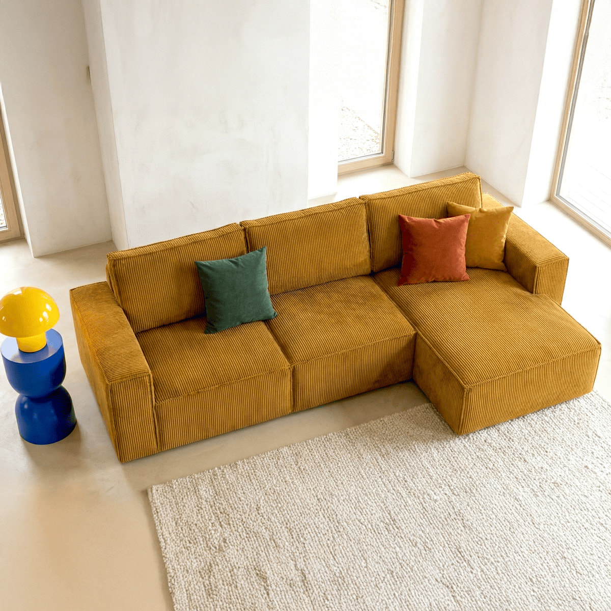 Canapé d'angle convertible 5 places en velours côtelé - HARPER