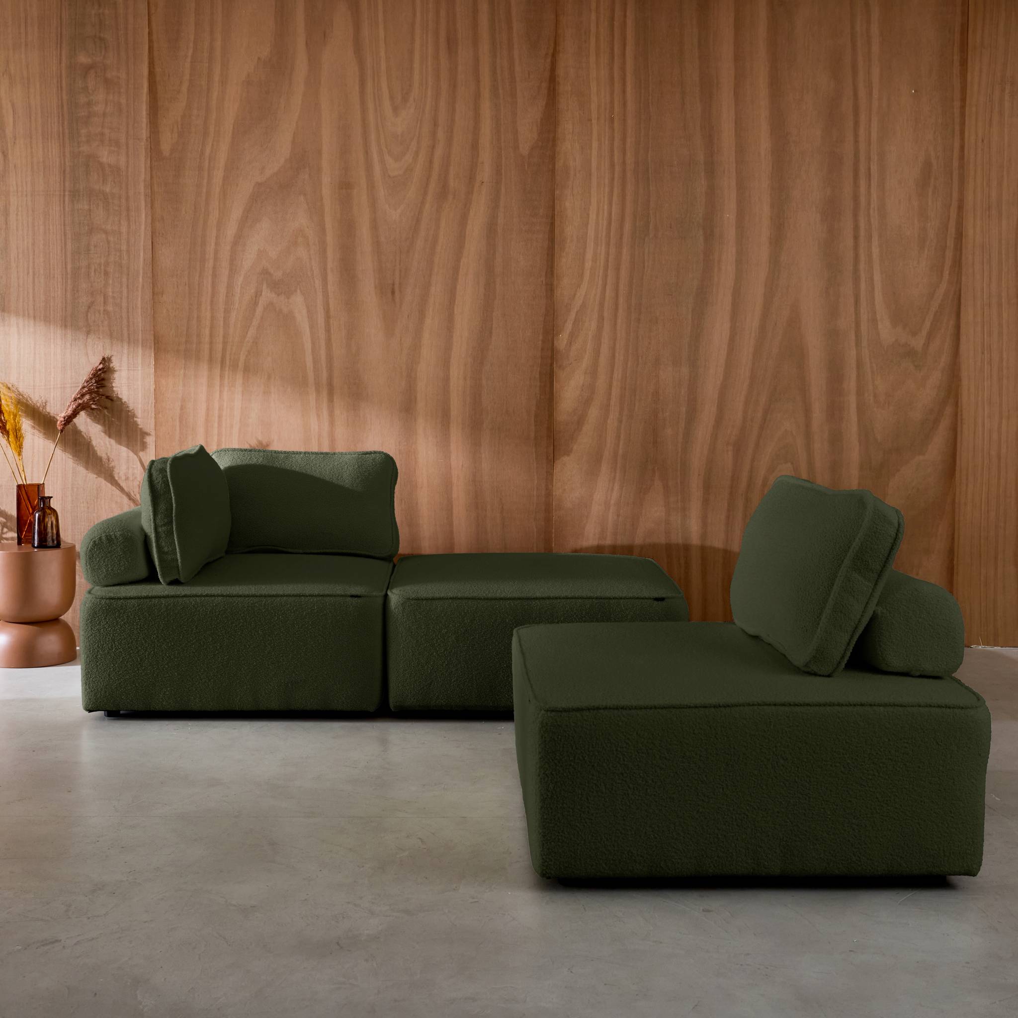 Lot de 3 chauffeuses pour canapé modulable tissu bouclette kaki 1 place Bao. L 90 x P 90 x H 74cm