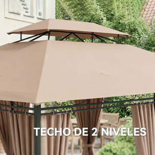 Cenador para Jardín 3x4 m, Pabellón de Jardín, Gazebo con Doble Techo, 6 Paredes Laterales, Estructura Metálica, Drenaje, Carpa para Exterior, Terraza, Patio, Caqui