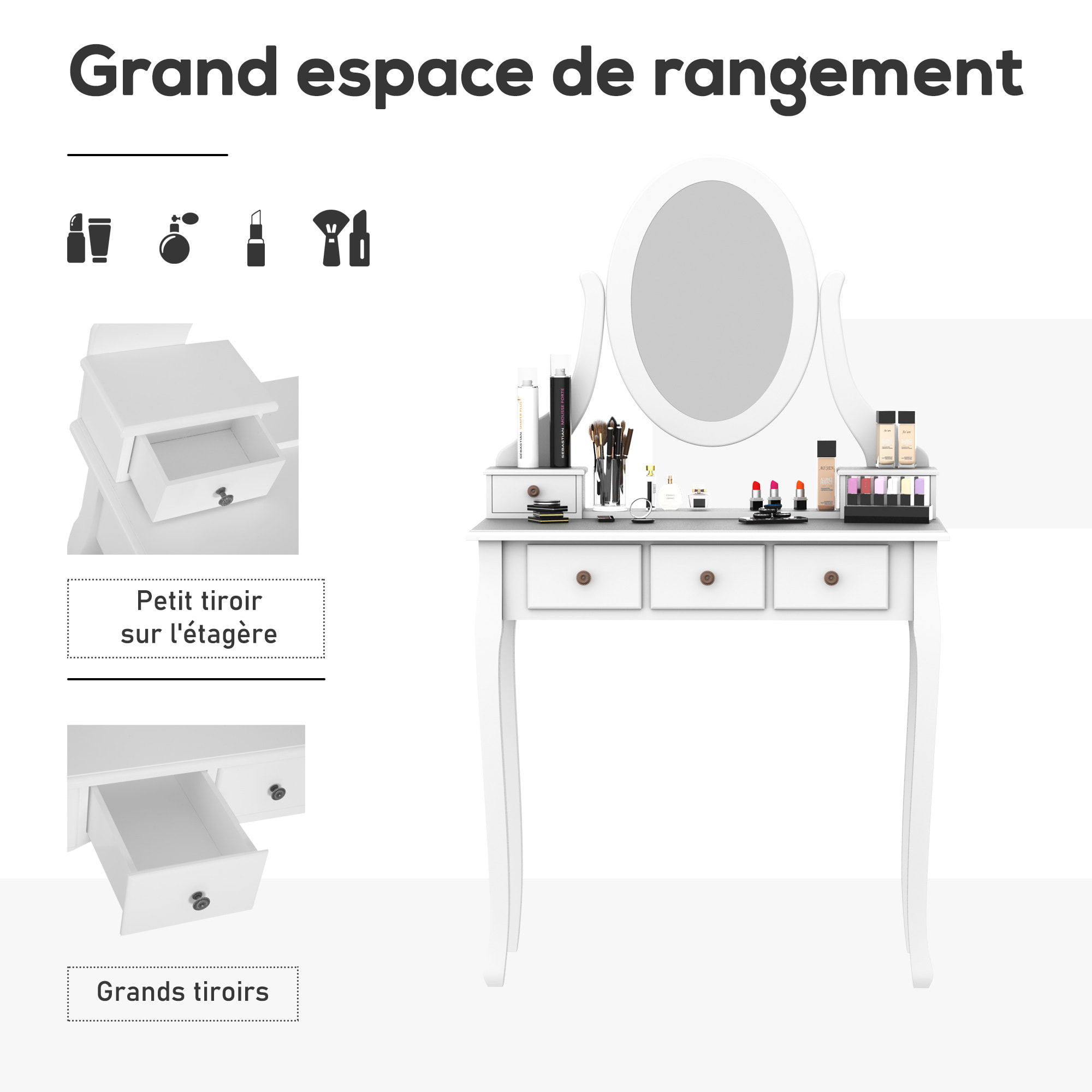 Coiffeuse et tabouret style baroque 5 tiroirs miroir ovale pivotant 360° MDF bois blanc