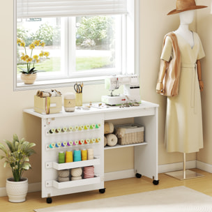 Table de couture pliable mobile 2 bacs 18 porte-bobines étagère blanc