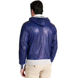 Giacca bomber in pelle blu elettrico con cappuccio