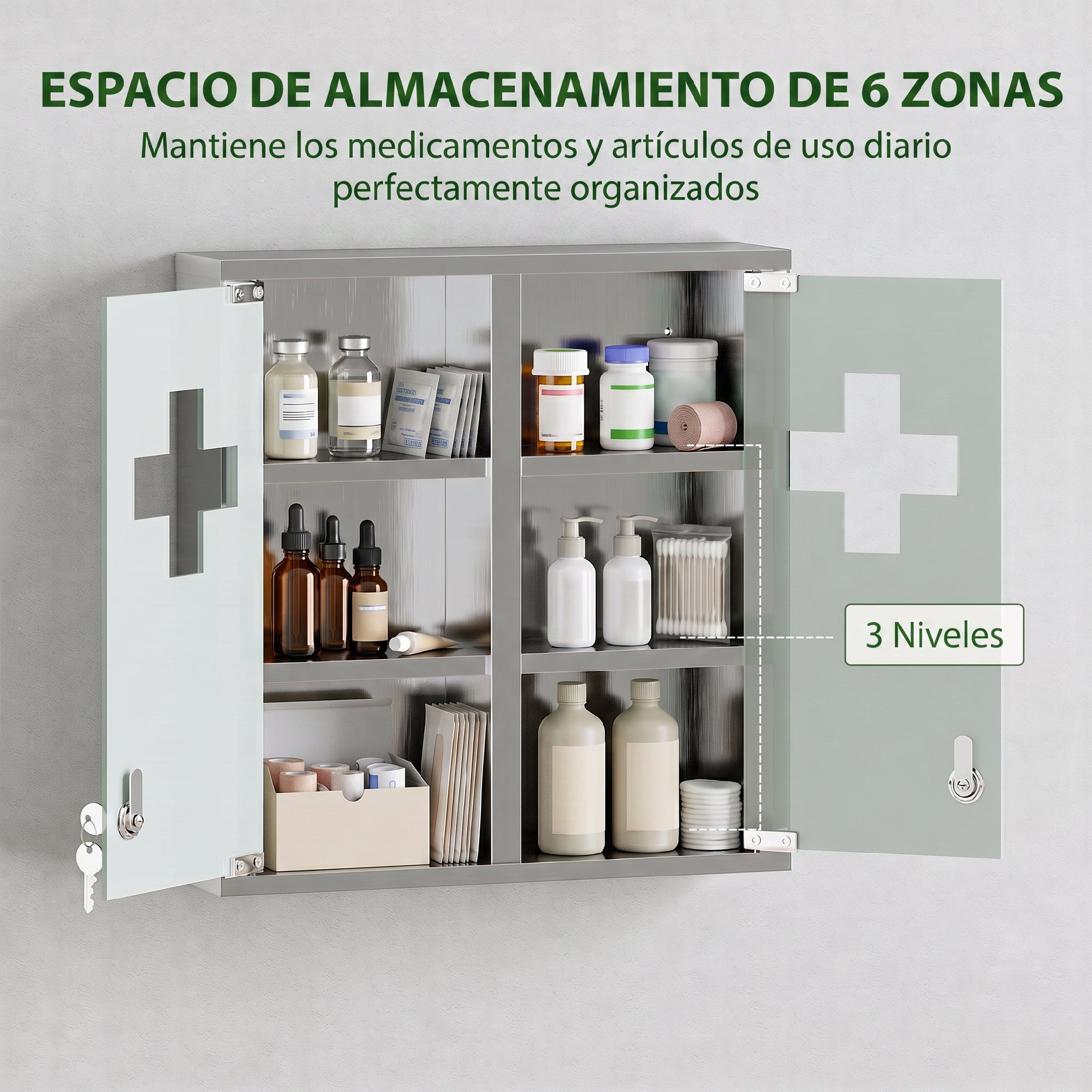 Botiquín de Pared de Primeros Auxilios, Botiquín de Medicinas de 3 Niveles con 2 Puertas de Cristal, Estantes, Cerradura y 2 Llaves, para Baño, Cocina, 46x12x48 cm, Plateado