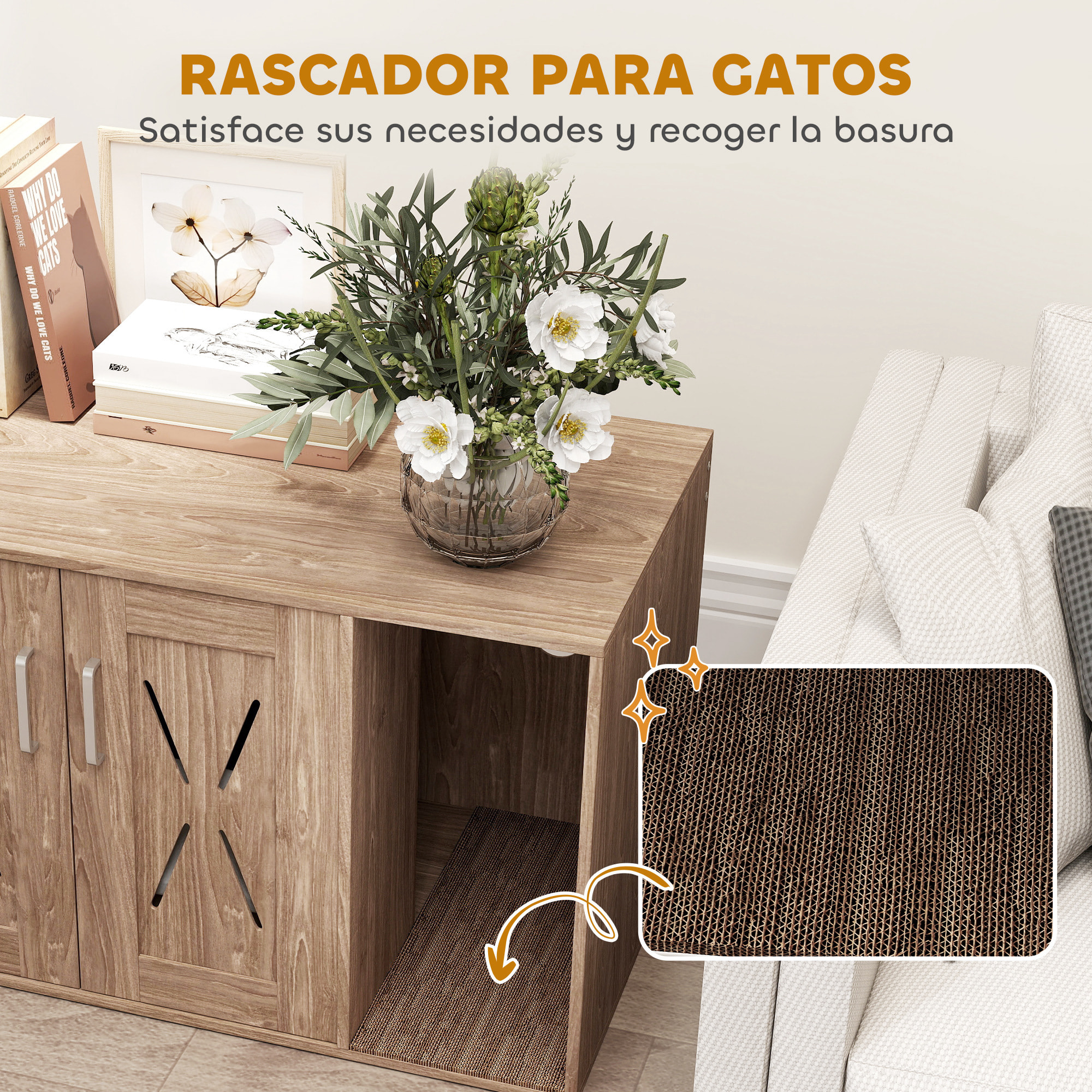 Mueble Arenero para Gatos 3 en 1 Nido Mesa Auxiliar Caja de Arena para Gatos con Puertas Estera para Rascar y Compartimento para Salón Dormitorio 80x48x50,5 cm Marrón