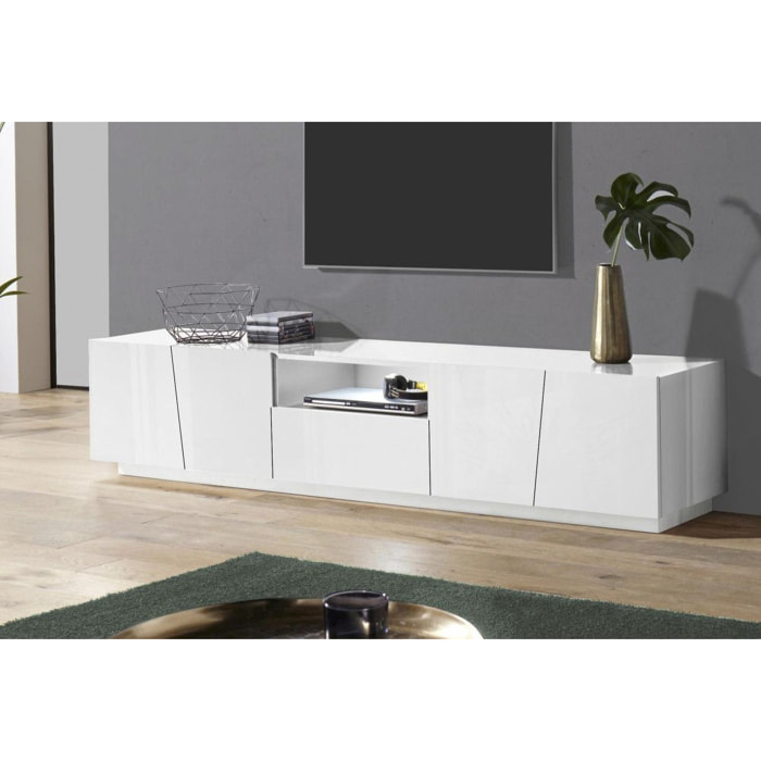 Mobile da soggiorno Porta TV, Made in Italy, Supporto per TV da salotto a 4 ante e 1 cassetto, cm 220x43h46, colore Bianco lucido