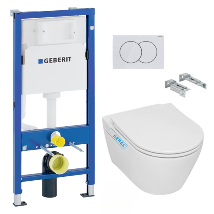 Pack WC Bâti-support + WC sans bride Serel SP26, fixations invisibles + Plaque blanche