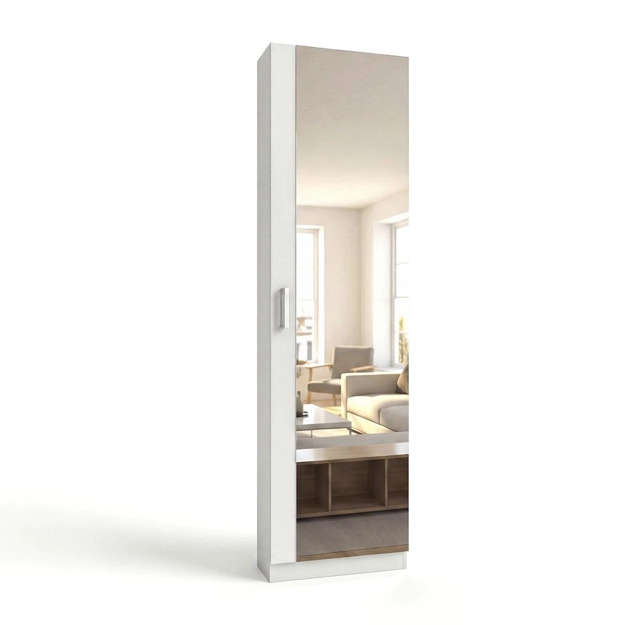 Zapatero alto de 1 puerta con espejo en blanco brillo 180x50 cm Roma Blanco Brillo