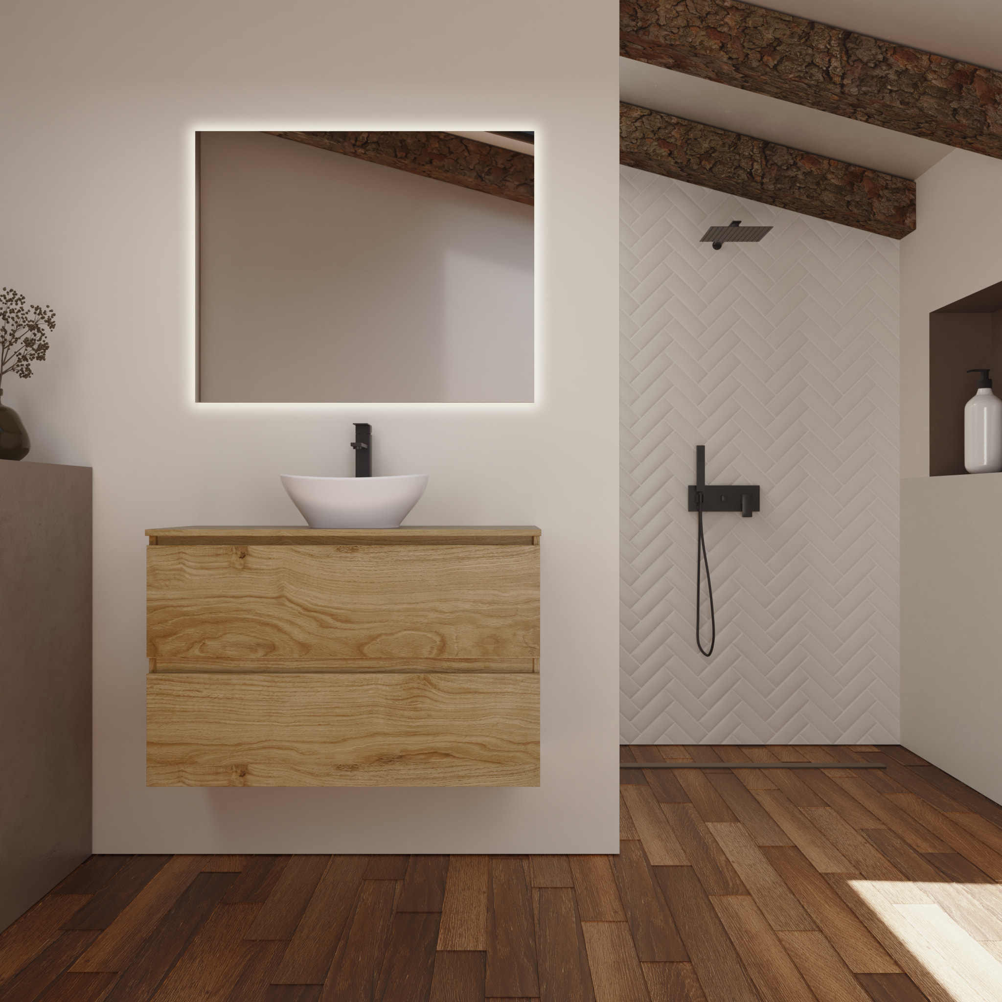 Conjunto de Baño Kaji | Mueble de Baño Suspendido | 100 cm Teka| Dos Cajones | Lavabo Redondo sobre Encimera | No incluye Espejo | Alday