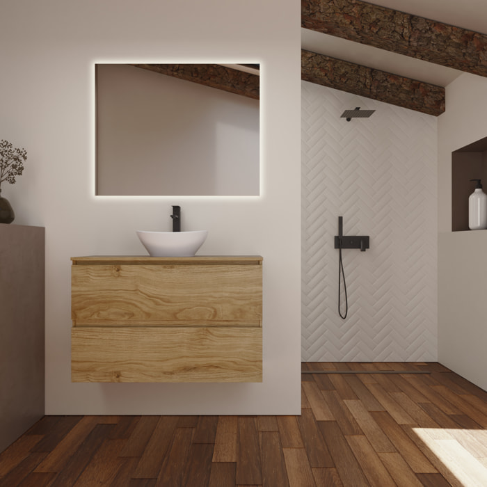 Conjunto de Baño Kaji | Mueble de Baño Suspendido | 100 cm Teka| Dos Cajones | Lavabo Redondo sobre Encimera | No incluye Espejo | Alday