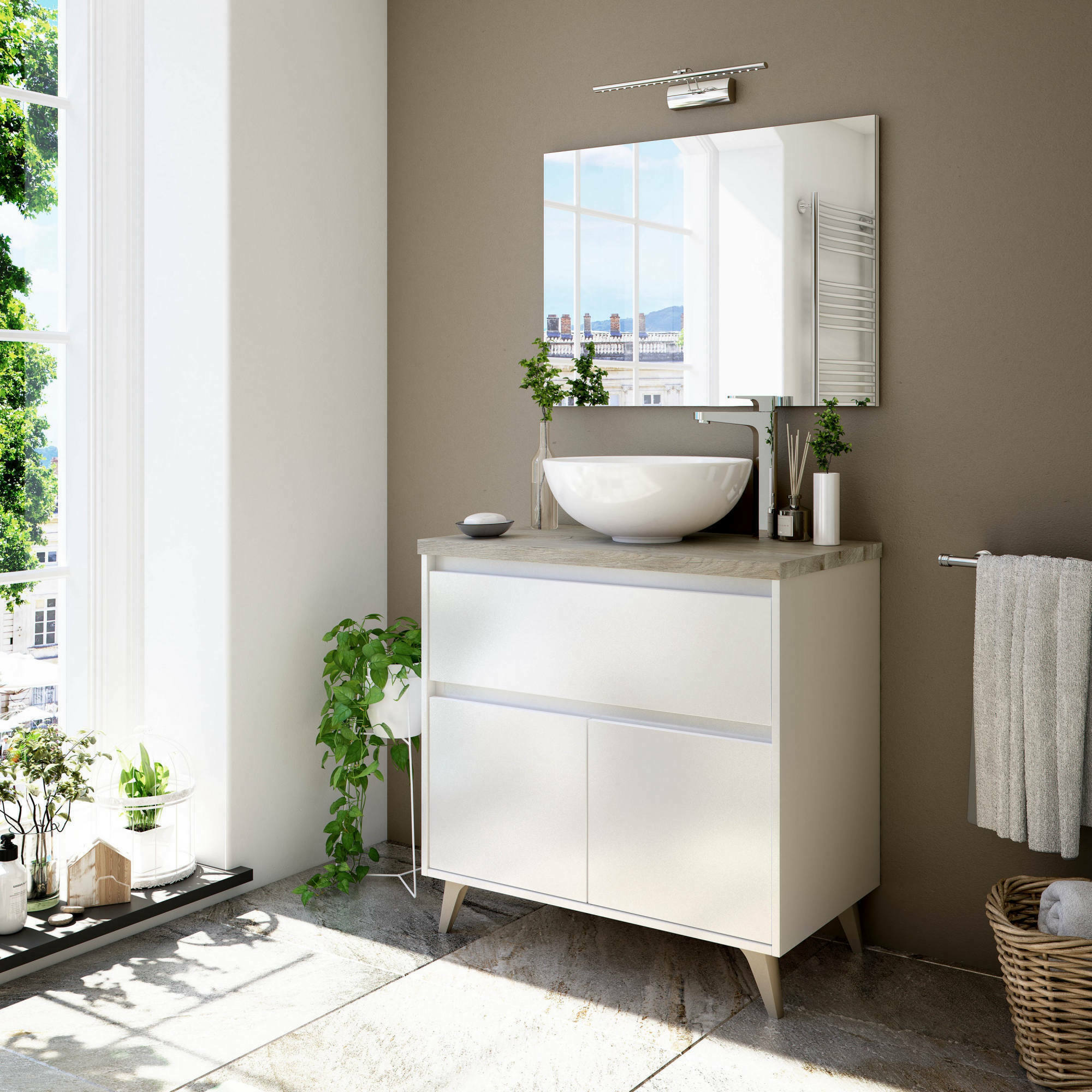 Mobile sottolavabo Berkeley, Mobiletto per bagno a 2 ante e 1 cassetto, Armadietto da terra, lavabo non incluso, 78,5x46h80 cm, Bianco lucido e Olmo