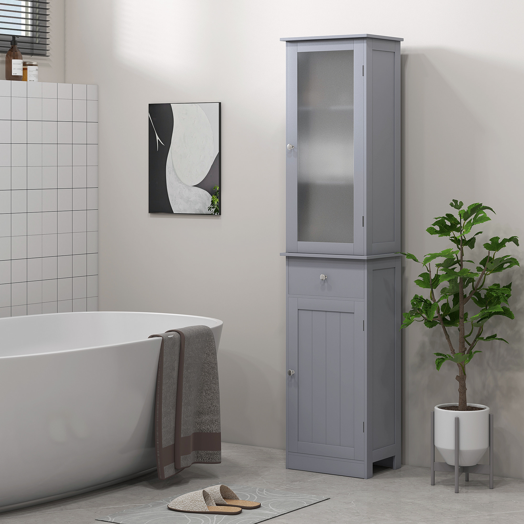 Meuble colonne de salle de bain placard porte acrylique 2 étagères placard porte 1 étagère tiroir MDF gris