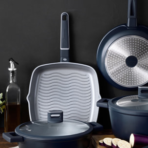 Juego de Sartén Grill 28x28x5,5cm + Wok Ø28x8cm en Aluminio fundido con tapa - Aptas para inducción - INDIGO MasterPRO