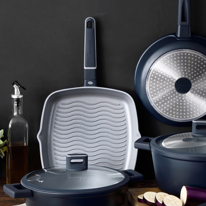 Juego de Sartén Grill 28x28x5,5cm + Wok Ø28x8cm en Aluminio fundido con tapa - Aptas para inducción - INDIGO MasterPRO