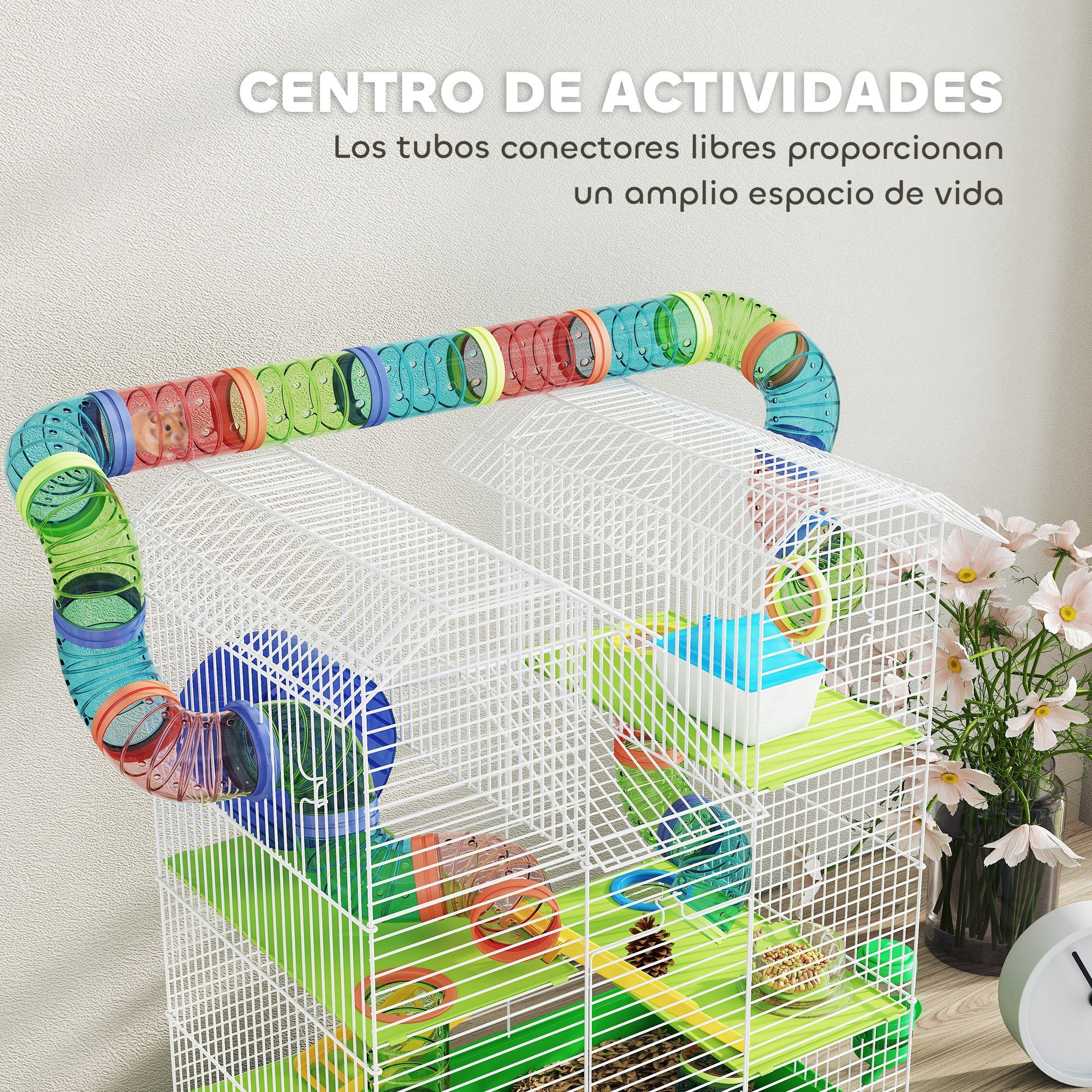 Jaula para Hámster de 5 Niveles, 47x30x59 cm, Casa para Animales Pequeños con Túnel, Comedero, Bebedero, Casita, Rueda de Ejercicio, Escaleras, para Ratas y Jerbos, Verde