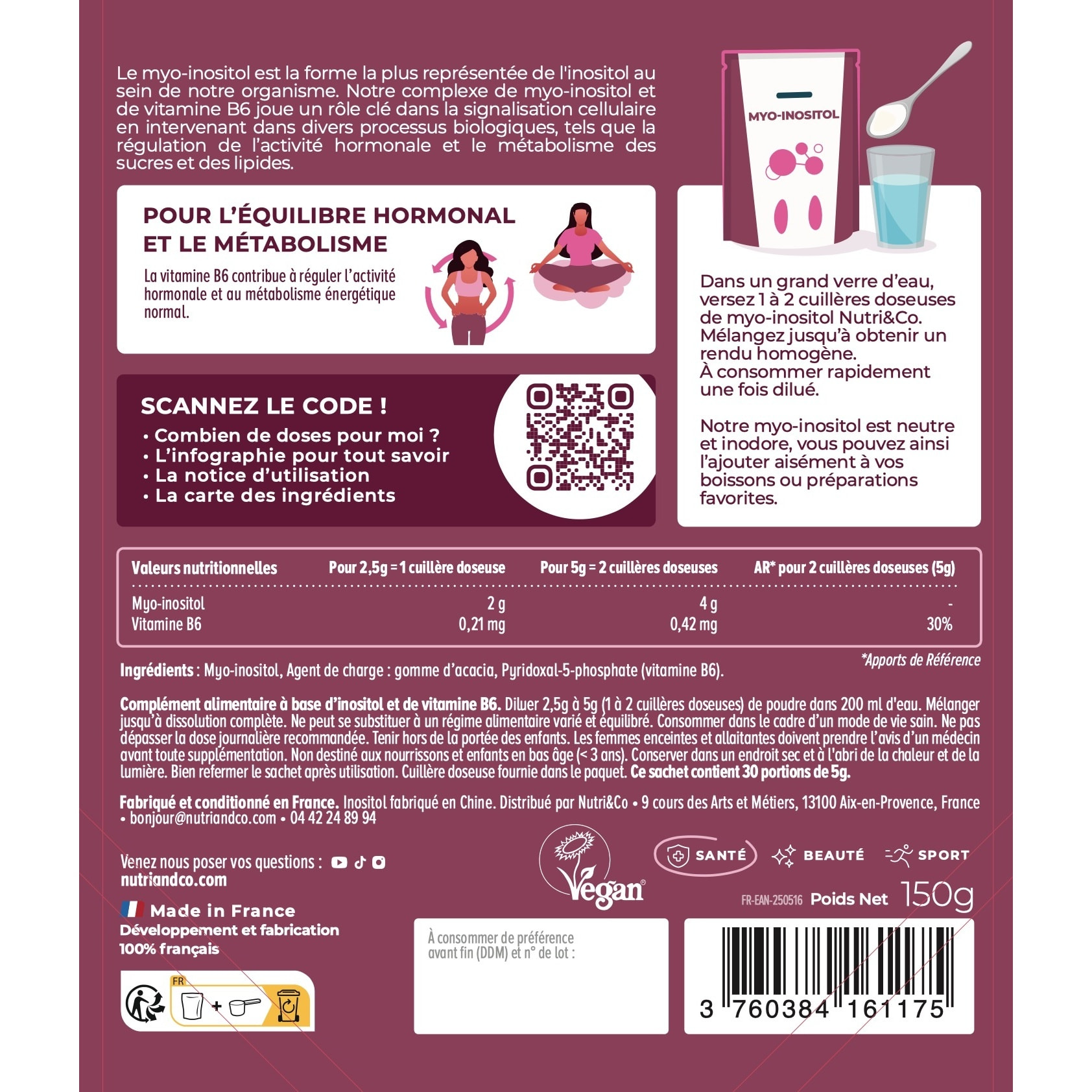 NUTRI & CO Myo-Inositol Pure en poudre + Vitamine B6 - SOPK, Soutien Hormonal & Métabolique - 150g goût neutre