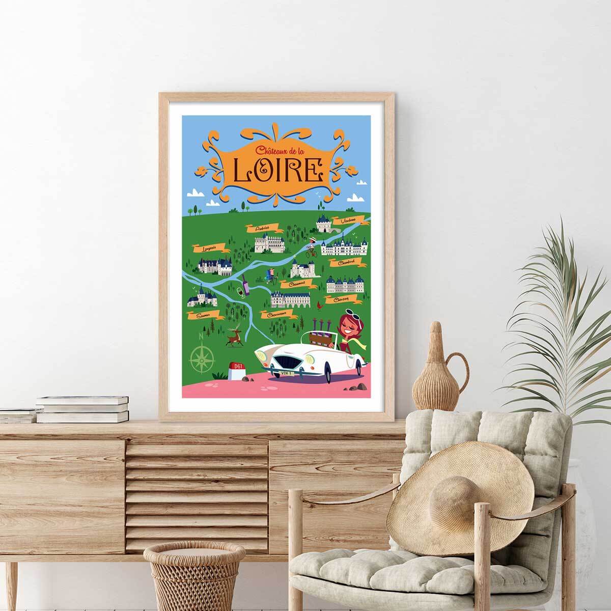 Poster sur la route des chateaux de la loire Affiche sous cadre bois