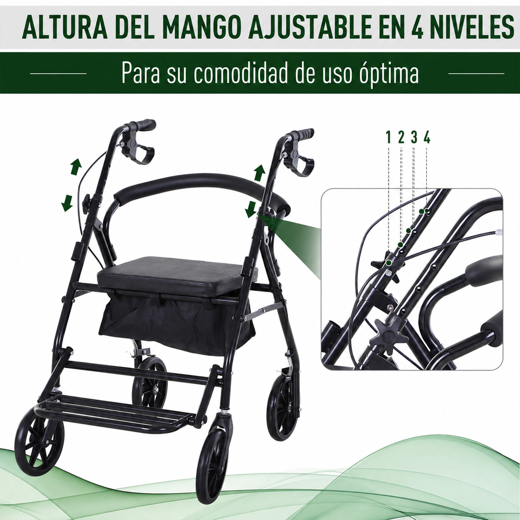 HOMCOM Andador para Ancianos Plegable, Andadores Adultos para Personas Mayores con Asiento Acolchado y 4 Ruedas, Mango Ergonómico Ajustable en Altura, Frenos de Maneta, Cesta, Reposapiés, Negro